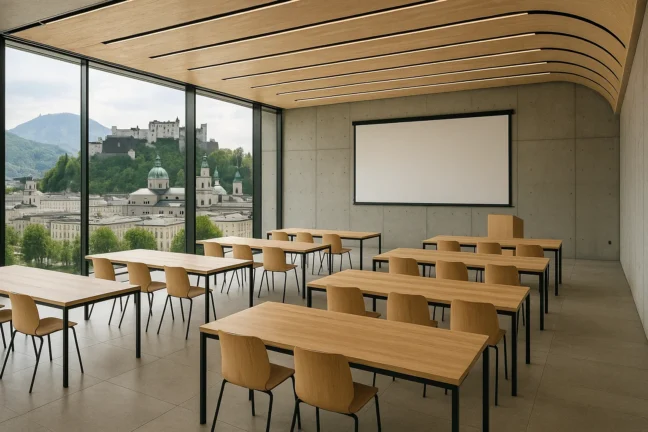 Moderner Meetingraum in Salzburg mit großen Fenstern und minimalistischem Holzmobiliar
