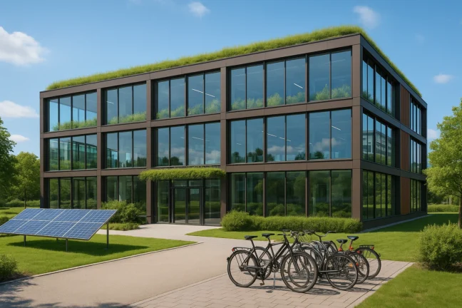 Nachhaltiges Bürogebäude mit grüner Architektur und energieeffizientem Design